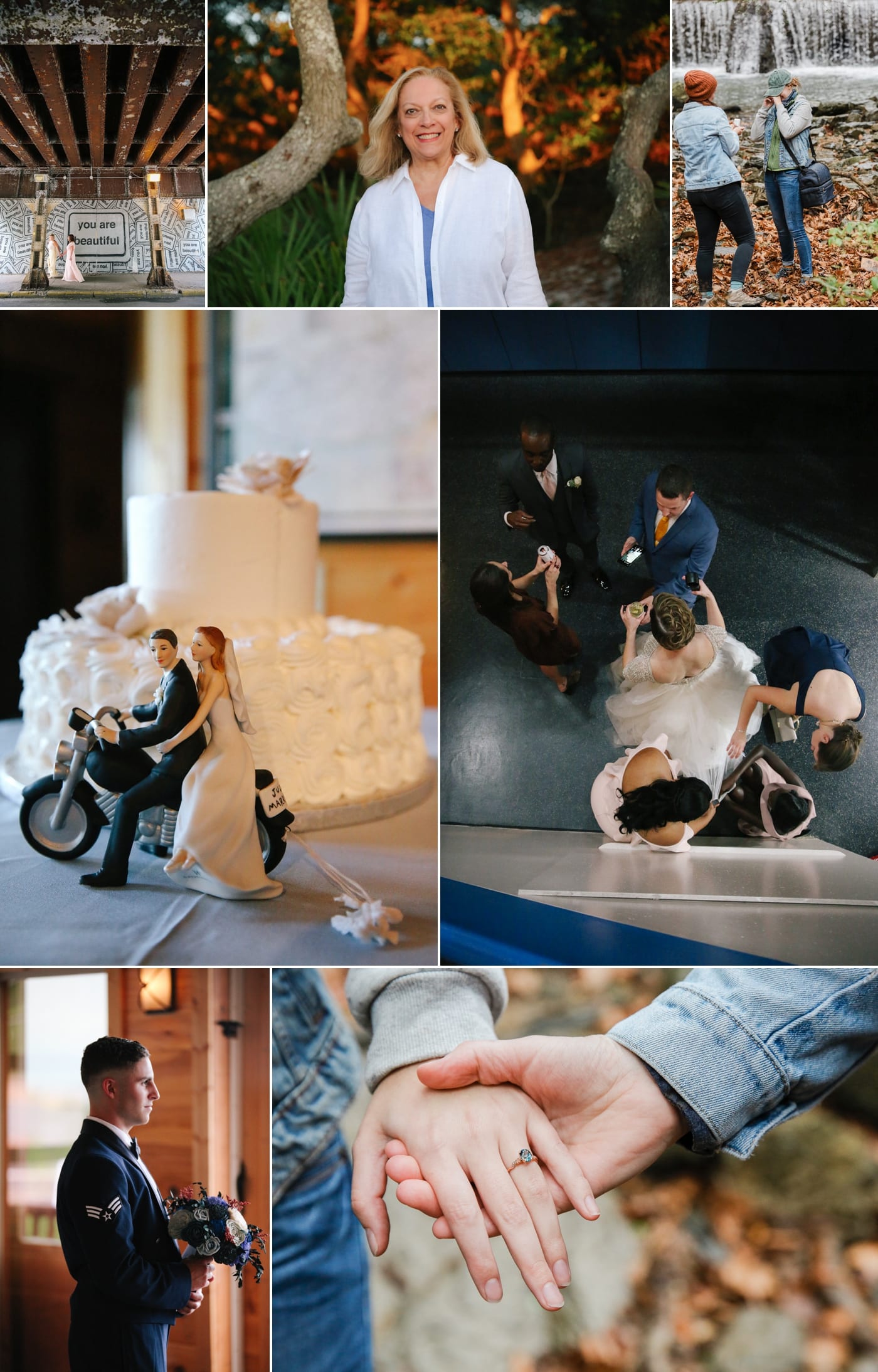 Wedding cake topper with a bride and groom on a motorcycle